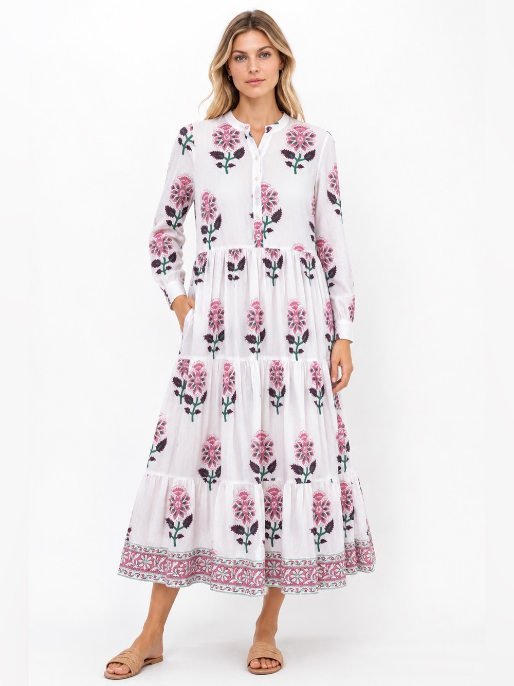 Oliphant Floral Block Print Tiered Maxi Dress – Size Small Long Sleeve Cotton
